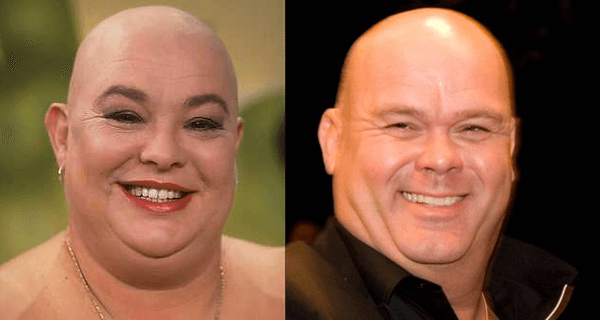 Sugar Lee Hooper naast Paul de Leeuw: twee portretten naast elkaar, beiden kaal en breed lachend